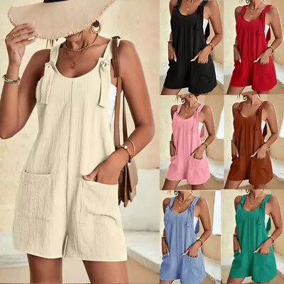 Womens Summer Linen Cotton Jumpsuit Dungarees Romper Shorts Playsuit Overalls • $16.10