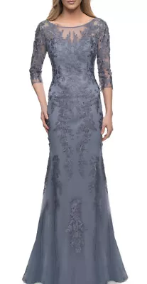 New La Femme Gorgeous Floral Lace Sheath Gown 3/4 Sleeve Slate Blue Sz 14 $619 • $159.98