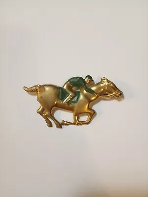 Vintage 1950s/60s Metal (Tin) Horse And Jockey Lapel Pin/Broche - Gold & Green • $13.99