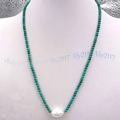 Natural Green Turquoise Round Gemstone White Freshwater Pearl Pendant Necklace • £3.64