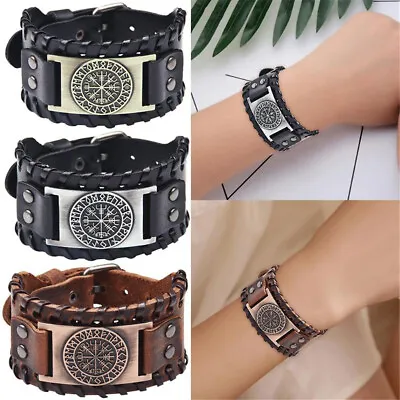 Men's Vintage Norse Viking Vegvisir Rune Leather Cuff Wristband Bracelet Jewelry • $5.87