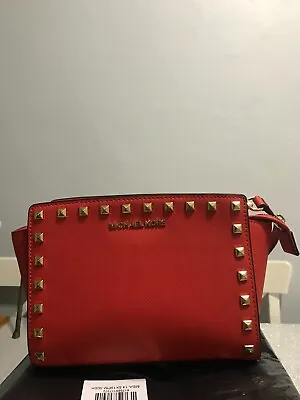 298$ Michael Kors Selma Stud Medium Messenger Crossbody Shoulder Bag Red Leather • $99.99