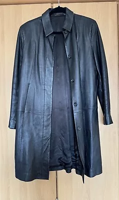 Marks & Spencer 100% Soft Black Leather Long Line Jacket Uk 12 • £30