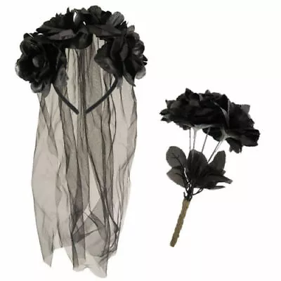 £5.95 • Buy Zombie Corpse Bride Set Veil Headband & Black Dead Roses Halloween Fancy Dress