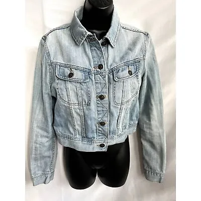 I Love H81 Cropped Jean Denim Jacket Size L Light Wash Slim Fit Essential Cute • $17