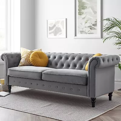 Velvet Grey 3 Seater Loveseat Chesterfield Sofa  • £399