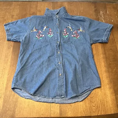 Bobbie Brooks Vintage Embroidered Floral Cotton Denim Short Sleeve Shirt Large • $11.99