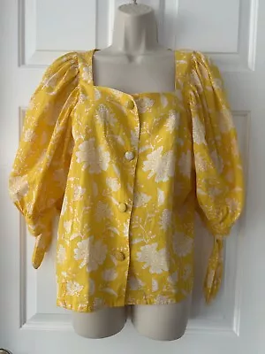 Mille Resort Wear Women’s Evelyn Top Yellow Zinnia Blouse Puff Sleeve Feminine M • $49
