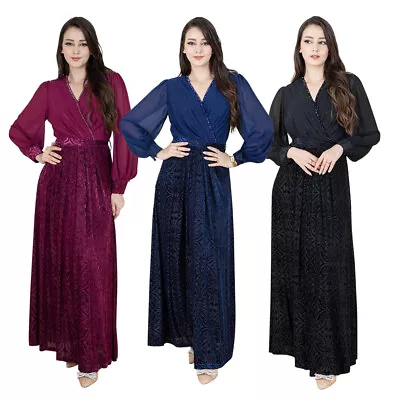 Evening Kaftan Muslim Abaya Women V-Neck Maxi Dress Dubai Elegant Moroccan Robe • $45.06