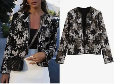 ZARA WOMAN Nwot FW23 BLACK OPEN SEQUIN Cardigan Jacket Top Small Limited🎬 • $139