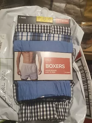 Marks & Spencer M&S Mens Blue 3 Pack Pure Cotton Woven Boxers UK L/ Large  • £17.99