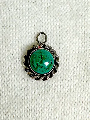 Rich Green Malachite Pendant / Charm Set In Stamped Sterling Twisted Rope - Vtg • $12.99