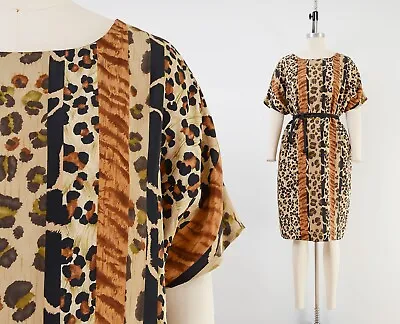 Vintage 90s Striped Leopard Animal Print Silk Cocktail Party Dress M L • $72