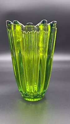 Vintage Viking Green Glass Vase Lotus Thick Wall Ribbed Tall Version • $69.49