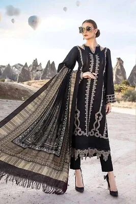 Pakistani Designer Embroidered Black Cotton Unstitched Shalwar Kameez 3 PC Suit • £28.99