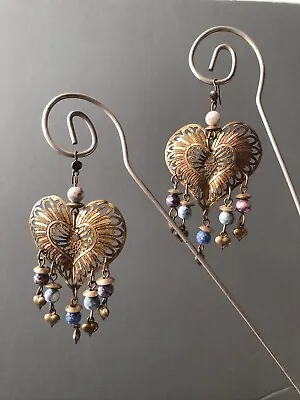 Vintage Boho Brass Hearts Dangling Earrings Lightweight • $15