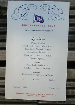 Union Castle Line MV Winchester Castle Luncheon Menu Tourist Class 1st Oct 1953 • £8.50