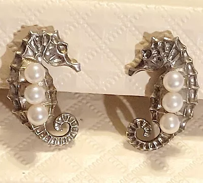 Vintage Mikimoto Pearl & Silver Screw Back Seahorse Earrings • $450