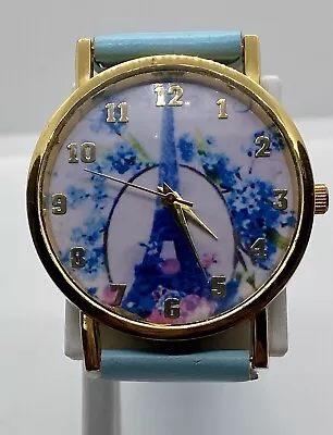 Ladies Watch New Battery Paris France Eiffel Tower Blue Strap Large Gold Numbers • $9.90