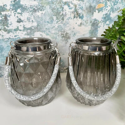 £8.99 • Buy Glass Candle Holder Set Of 2 Silver Glitter Hanging Tea Light Lanterns Geometric