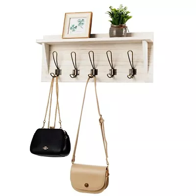 Wall-Mounted Coat Rack Shelf Wooden Hook Rack Entry  Display Shelf With 5 Hooks • £24.95