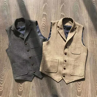 Vintage Men's Waistcoat Herringbone Single Breasted Casual Top Multi Pocket Vest • $44.21