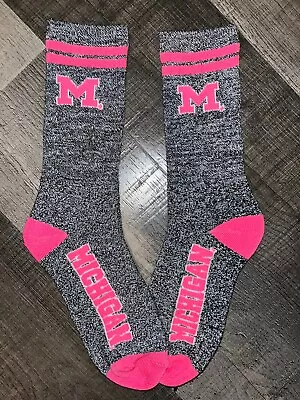 Michigan Wolverines Ncaa College Team Logo Womens Pink 2 Stripe Crew Socks • $9.67