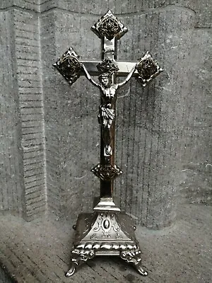 Antique Silver Tone Metal Filigree Ornamental  Crucifix Corpus Altar Standing • $125