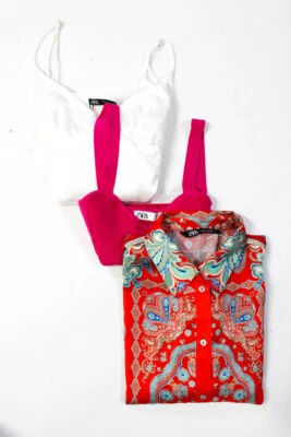$41.99 • Buy Zara Women's Silk Long Sleeve Collared Abstract Button Up Blouse Red S Lot 3
