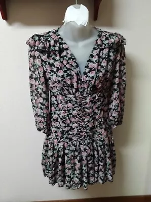 Nova Vintage Black Pink Roses Sheer Mini Dress Lined Corset Waist 3/4 Slv Sz S • $14.95