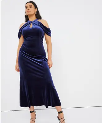 Joanna Hope Velour Cold Shoulder Maxi Navy Blue UK24 Midi Occasion Party L399 • £13.01