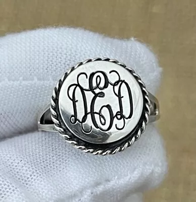 Sterling Silver Monogram Engravable Circle Round With Rope Edge Signet Ring • $37.95