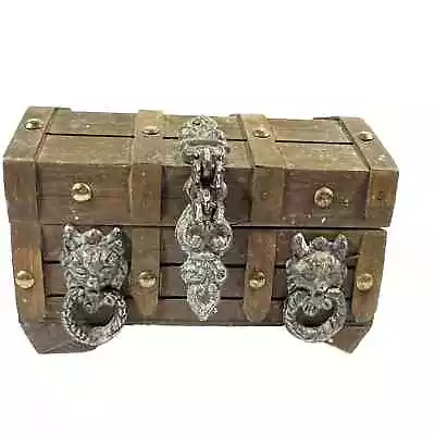 Vintage Wood Pirate Treasure Chest Jewelry Box Gothic Lion Heads • $49.99