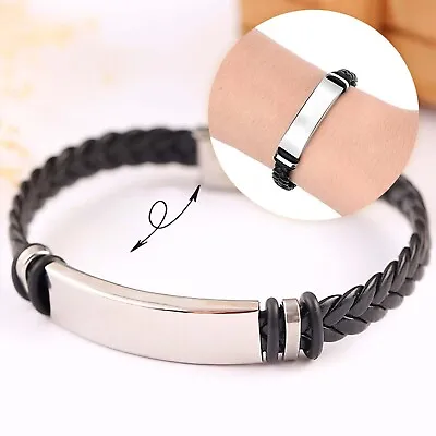 Men's Stainless Steel Leather Bracelet Magnetic Silver Clasp Bangle Black • £3.79