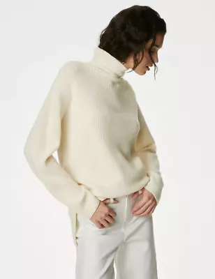 M&s Autograph Cream Merino Wool With Cashmere Long Roll Neck Jumper Size M • £44