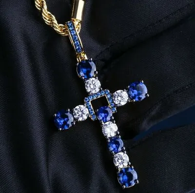 3Ct Round Cut Sapphire& Diamond Cross Pendant 14K Yellow Gold Finish Free Chain • $159.20