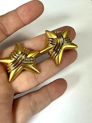 Vintage Earrings Clip On Star Harness Wrap Brushed Gold 90s Style Heavy • $28