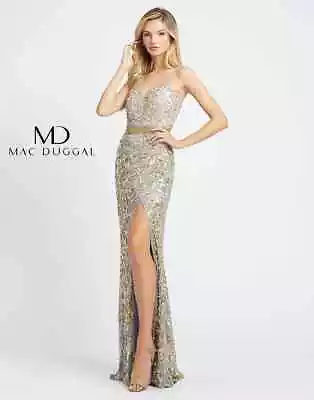 NEW MAC DUGGAL 4691M Prom / Platinum Gold Sequin Embellished Thigh-High Slit • $249