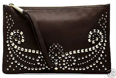 Michael Kors Women's Bag Clutch Bag Rhea Studded Zip Dk Chocolate Leather New • $65.87