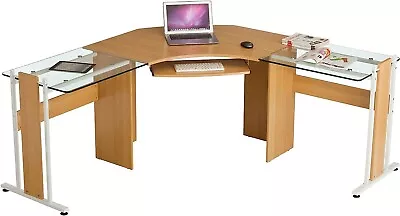 Computer Desk With Pull Out Keyboard Oak Effect Glass Home Office Corner Frigate • £67.50