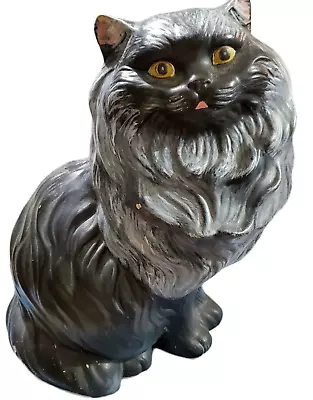 Vintage MCM Persian Large Black Ceramic Cat 15” Green Eyes Sitting Statue • $79.97