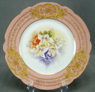 D&Co Limoges Hand Painted Floral Pompadour Pink Raised Gold 9 Inch Antique Plate • £237.26