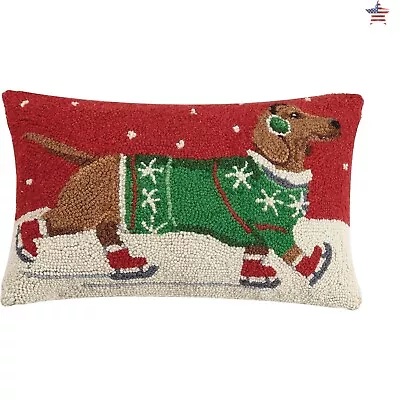 Dachshund Ice Skating Holiday Hook Pillow - 18-inch Long - Wool & Cotton • $89.99