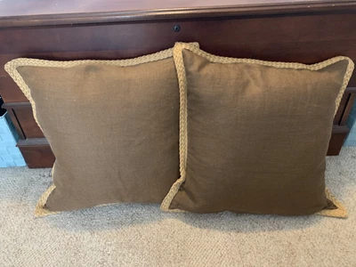 $49.99 • Buy 2 Pottery Barn Pillows Linen Braided Jute Trim  W/ Feather Inserts 20x20 Brown