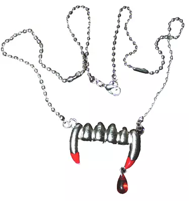 Retro Goth BLOODY FANGS PENDANT NECKLACE Bite Me Vampire Costume Novelty Jewelry • $12.97