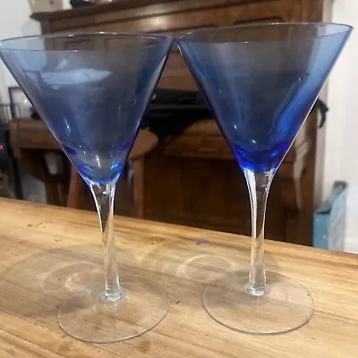 🍸Blue Colour MARTINI COCKTAIL GLASSES Crystal  8” Barware~Set Of 2 - Vintage 🍸 • $30.26