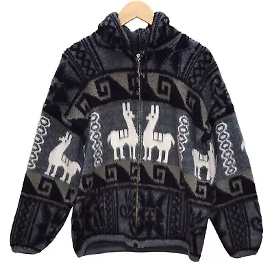 Ruminahui Sweater Full Zip Teal & Black Wool Alpaca Aztec Llama Hoodie Mens M • $38.99