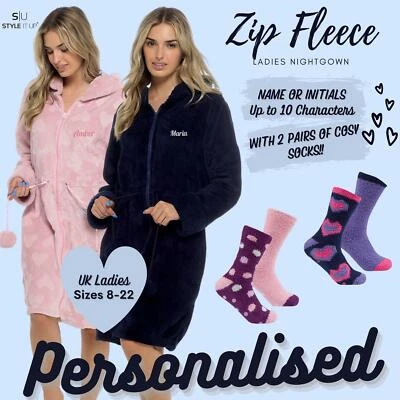 £36.99 • Buy Personalised Ladies Womens Heart Zip Gown With Cosy Socks Fleece Hooded Robe