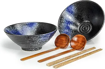 Japanese Ramen Bowl Set Of 2 Noodle SoNoodle Soup Salad Rice Spoons & Chopsticks • £19.99