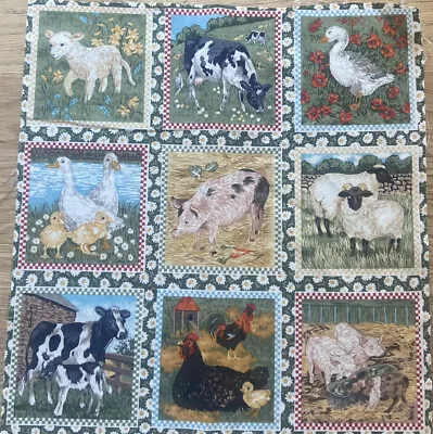 NEW Makower  FABRIC Panel – Farm Animals Square Approx 12”x11”. Each Square 3”sq • £2
